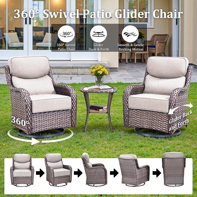 Luxury Outdoor Swivel Rocker Patio Chairs Set of 2 with 6-Inch Thick Cushions, High Back Swivel Patio Chairs Wicker Outdoor Gliders for Porch, Yard, Deck, Poolside, Brown/Beige