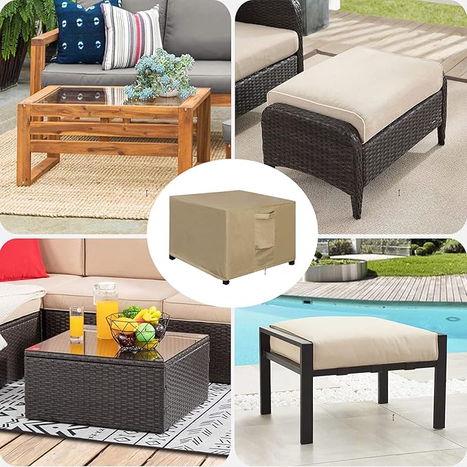 OutdoorLines Outdoor Waterproof Patio Ottoman Covers - Square UV-Proof Patio Side Table Cover Windproof Heavy-Duty Furniture Covering Protector 33L x 33W x 17H Inch, Camel