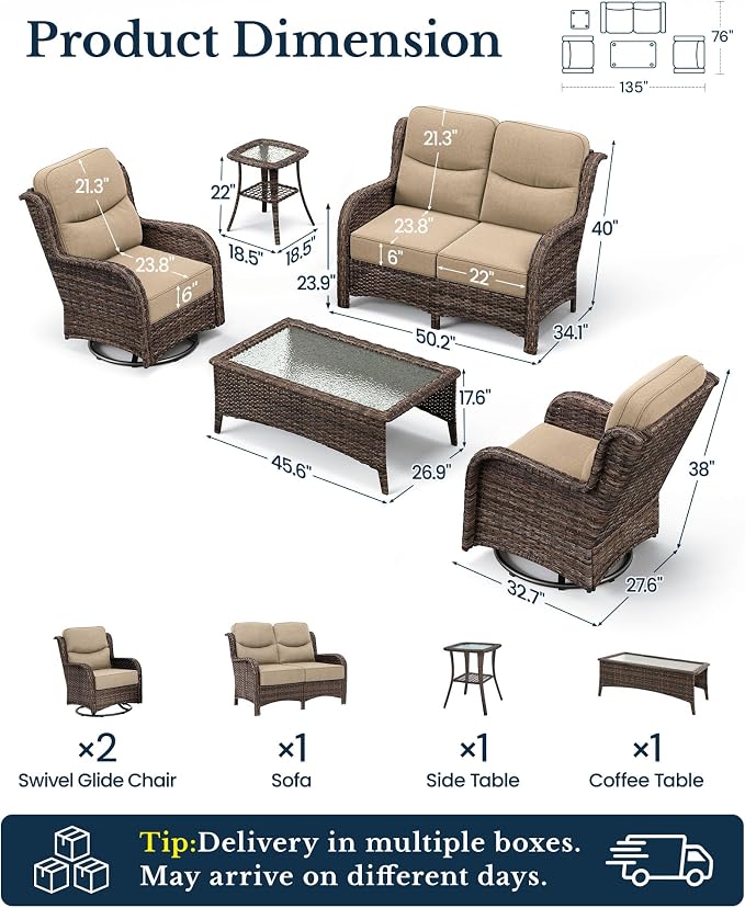 HILLGA Luxury Outdoor Patio Furniture Set with 6-Inch Thick Cushions, High Back Wicker Swivel Rocker Chairs, 5 Pcs All Weather Conversation Set for Large Deck, Yard and Poolside, Beige (V3)