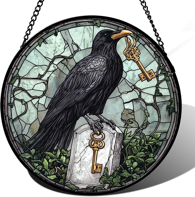 Stained Glass Window Hanging - Halloween Crow Holding A Key Suncatcher for Doors Garden Home Spooky Green Vines Sun Catchers Gothic Decor Horror Gift for Women Men Friend Boy Girl 15 in