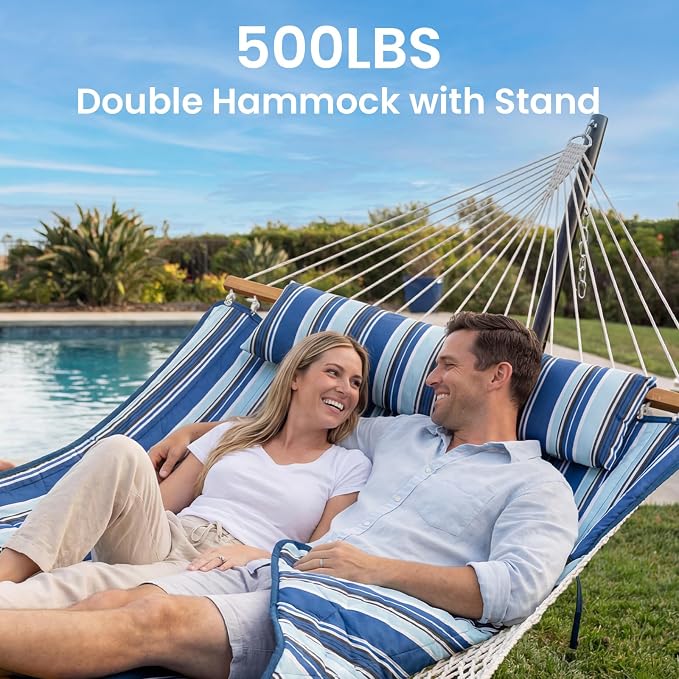 ANAGOO Double Hammock with Stand – Portable Cotton Rope Hammock with Removable Quilted Pad & Pillow, Adjustable Steel Frame for Patio, Backyard, Garden, Park, Camping & Outdoor Relaxation – Blue