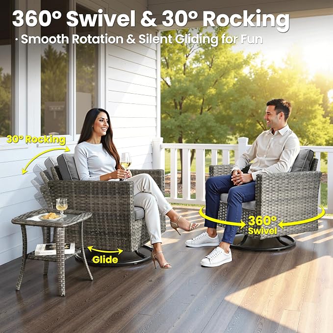 ovios 7 Pieces Patio Furniture Set, Outdoor Wicker Rattan Sofa Couch with Swivel Glider Chairs Loveseat Comfy Cushions Modern Conversation Set for Backyard Porch, Dark Grey