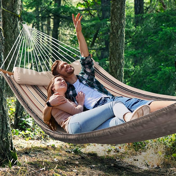 Double Hammock, 11 FT Quilted Fabric 2 Person Hammock for Outside with Pillow, Folding Curved Spreader Bar, Chains, Carrying Bag, Indoor Outdoor, 450 IB Capacity, Havana Brown
