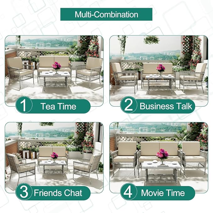 DECMICO 4 Pieces Outdoor Patio Furniture Set, Wicker Rattan Chairs & Loveseat Couch with Side Table and Cushions, All-Weather Patio Seating Set for Backyard, Deck, Porch (Beige)