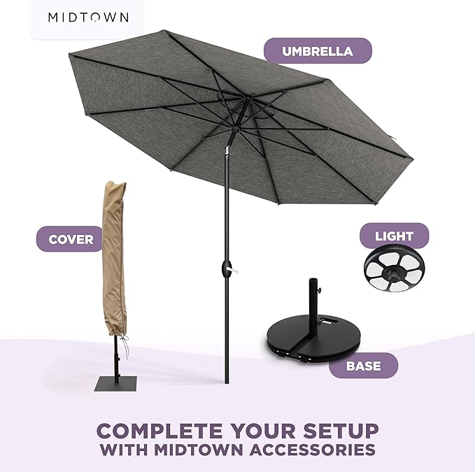 Midtown Umbrellas 10-Year-No-Fade - 8 Ft - UV Proof Greige Polyester Fabric - Umbrella Outdoor Patio, Auto-Tilt Aluminum Frame Patio Umbrella for Garden, Pool & Deck - Black Pole