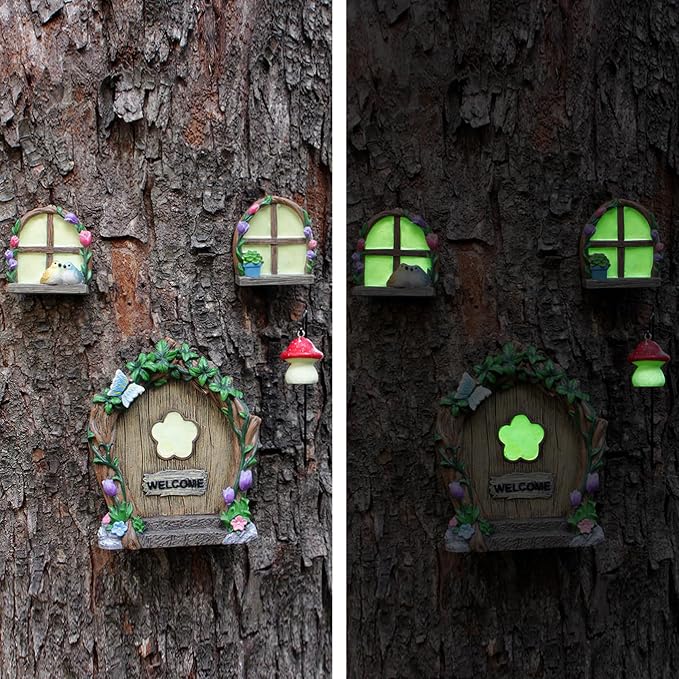 Fairy Door and Windows Garden Kit Accessories Outdoor, Glow in Dark Gnome House for Tree, Lawn Yard Art Sculpture, Miniature Garden Decor (Butterfly)