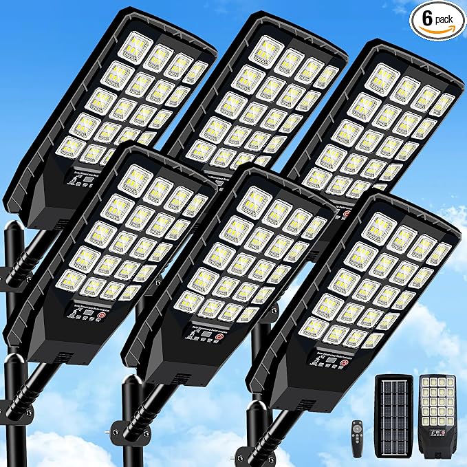 6 Pack Solar Street Lights Outdoor Waterproof, 6500K 20000LM Wide Angle Solar Powered Flood Light with Motion Sensor & Remote Control,Dusk to Dawn Commercial Solar Outdoor Light for Parking Lot