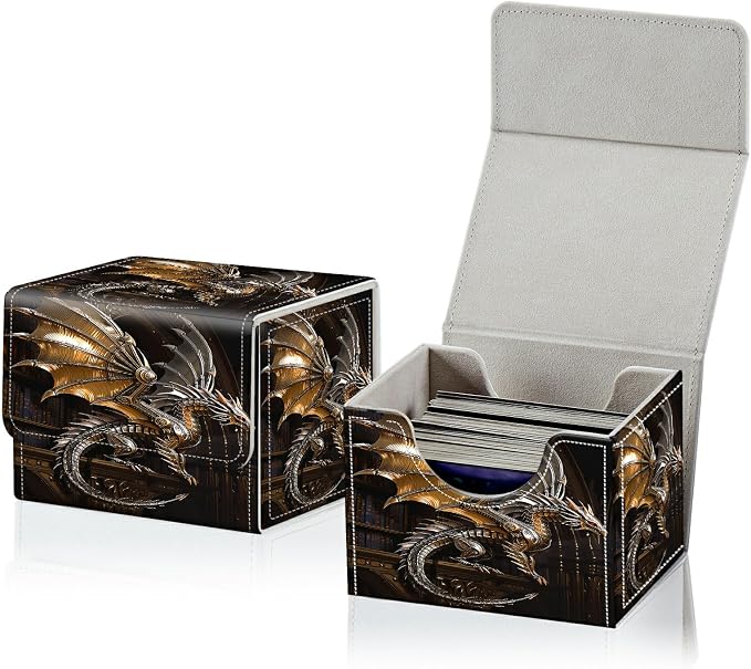 Card Deck Box for MTG, Cards Storage Box Fits 120+ Sleeved, Leather Small Size Strong Magnetic Closing Card Case for Board Games Magic TCG CCG Baseball Collection, Mechanical Dragon
