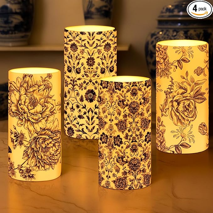 Tiamon 4 Pcs Chinoiserie Flameless Pillar Candles LED Blue and White Porcelain Candles Set Battery Operated Warm Light Flickering Chinoiserie Decor for Wedding Home Table Party Decoration
