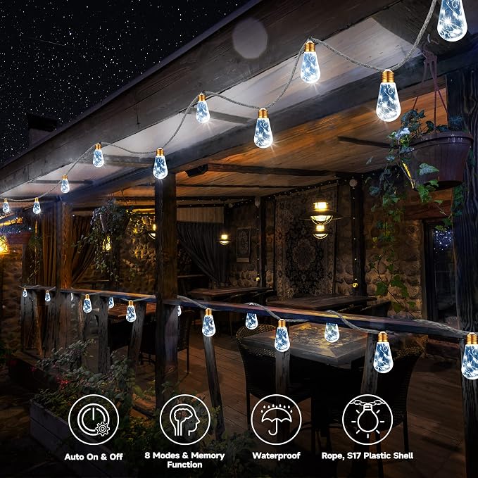 Solar Outdoor String Lights, 20Ft Vintage Rope Hemp Solar Patio Lights, Waterproof White Solar Powered String Lights With 8 Modes 16 Shatterproof Bulbs for Garden Yard Fence Stairs Balcony Café Bistro
