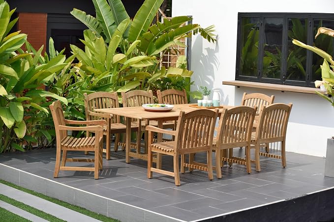 Amazonia Newcastle 9-Piece Outdoor Rectangular Dining Table Set | Certified Teak | Ideal for Patio and Indoors, Light Brown