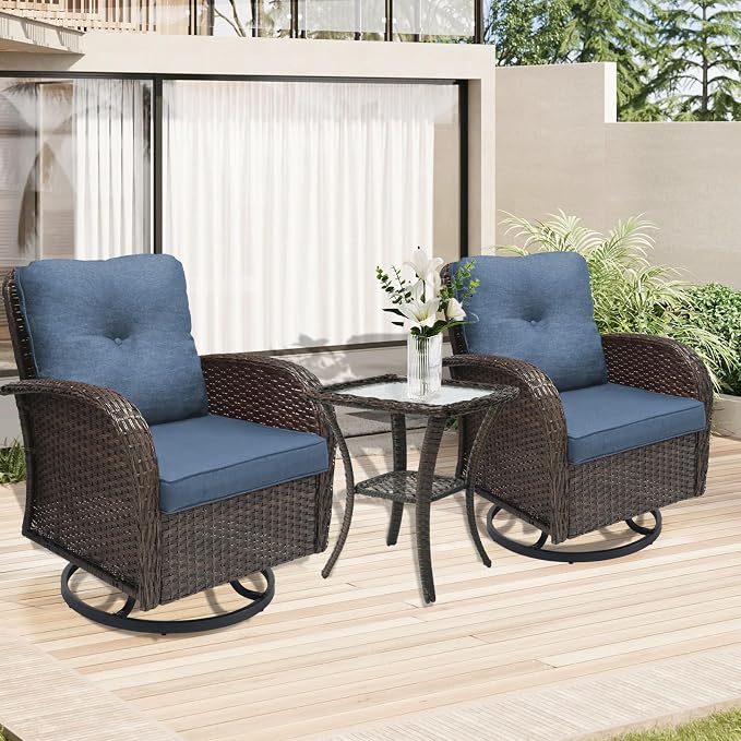 YLGJ&TIDY Outdoor Furniture Swivel Rocker Chairs 3PC Bistro Set 2 Brown Wicker Patio Glider Armchairs with Side Table Cushions Rocking Sofa for Porch Balcony Backyard Deck (Blue, 3PCS Swivel/Table)