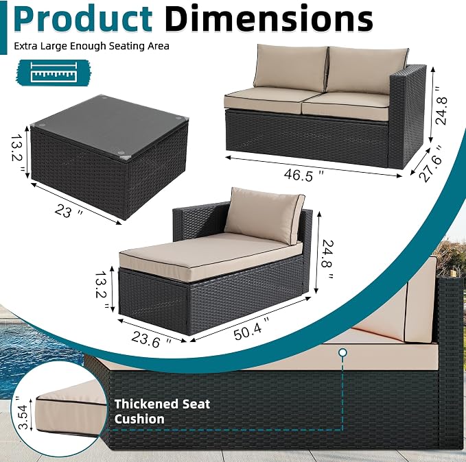 SUNLEI Patio Furniture Set with Detachable Soft Cushions, Outdoor PE Rattan Patio Conversation Sofa Set, 3-Piece Patio Sectional Sofa with Glass Coffee Table,Black Rattan/Khaki
