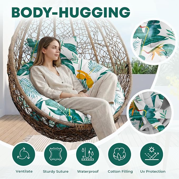 Outdoor 45" Round Egg Chair Cushion Replacement Waterproof Yellow Leaf | Thicken Pad with Headrest Pillow, Hanging Swing Wicker Egg Chair Cushions, Suitable for Garden Office