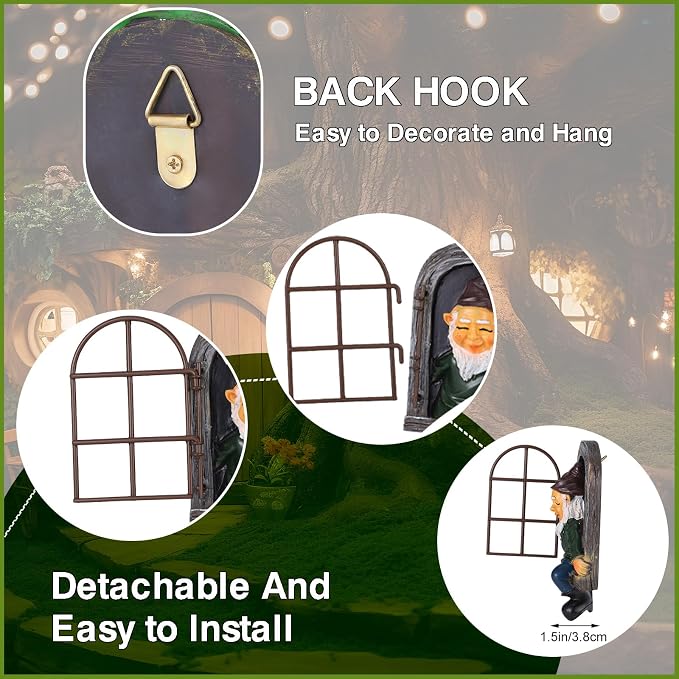 7 Pcs Fairy Garden Accessories Tree Hugger Gnome Statue Tree Faces | Fairy Door Window Set Dwarf Elf Landscape Figurine Out The Door Resin Sculpture Hanging Decor Fresh for Trees Outdoor Decor