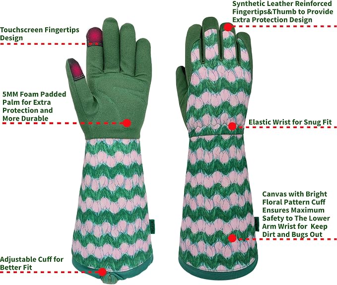 Thornproof Rose&Cactus Gardening Gloves,Gauntlet Garden Glove,Gifts | Canvas,Cute Floral Pattern,Leather Palm,Touchscreen,Durable Material,Garden Gift,Men&Women,Machine Washable,Adjustable Cuff