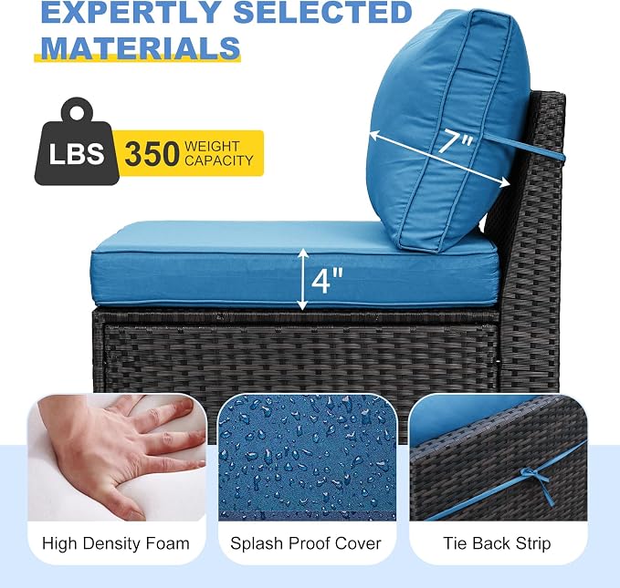 Patio Furniture Set, 6 Pieces Outdoor Couch Sofa with Wider Armrests & Glass Coffee Table, Outdoor Sectional Furniture with Thick Cushions for Party, Poolside,Garden-Peacock