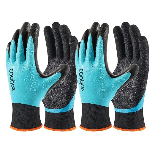 COOLJOB Waterproof Gardening Work Gloves with grip for Women & Men, Double Rubber Coated for Garden Yard Outdoor Construction Worker, Blue Small Size 2 Pairs