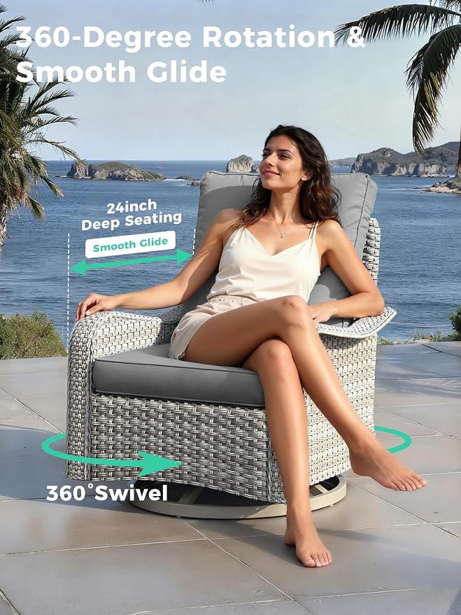 9 Piece Outdoor Patio Furniture Set with Swivel Chairs, 7-Seats Wicker Sectional Sofa Set with Thickened Cushions & Coffee Tables for Garden, Backyard, Porch, Gray