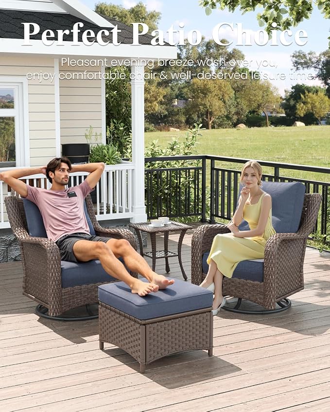 LayinSun 7 Piece Wicker Outdoor Furniture Set with 6-inch Comfy Cushions, High Back Patio Furniture Set with Swivel Rocking Chairs and Fire Pit Table