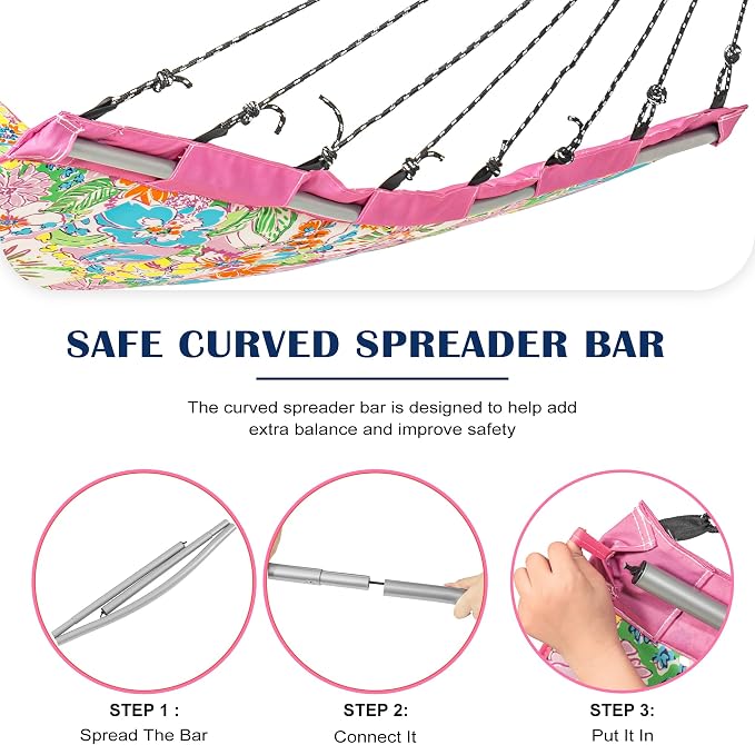 Lazy Daze Hammocks 12 FT Quilted Fabric Hammock with Curved Aluminium Spreader Bar, Double Hammock for Outside with Soft Pillow & Side Pocket 450 Lbs Capacity, Pink Floral