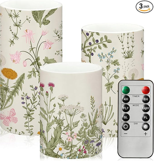 Baquler Wildflowers Floral Spring Glass Flameless Candles with Remote Timer Battery Operated LED Flickering Pillar Seasonal Summer Butterfly Dinner Holiday Decor