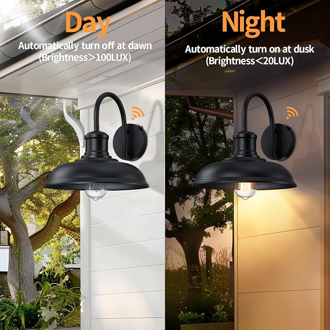 12'' Diameter Dusk to Dawn Outdoor Gooseneck Barn Light, Black | Large Exterior Lighting Fixture, Outdoor Wall Sconce Farmhouse Industrial Wall Lantern for Porch, Garage, Black, 2 Packs