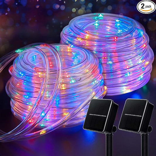 Brightown 2 Pack Total 78FT 200LED Solar Rope Lights, Multicolor | IP65 Waterproof Solar Fairy Lights with 8 Lighting Modes, Outdoor String Lights for Party Garden Yard Holiday Tree Decoration