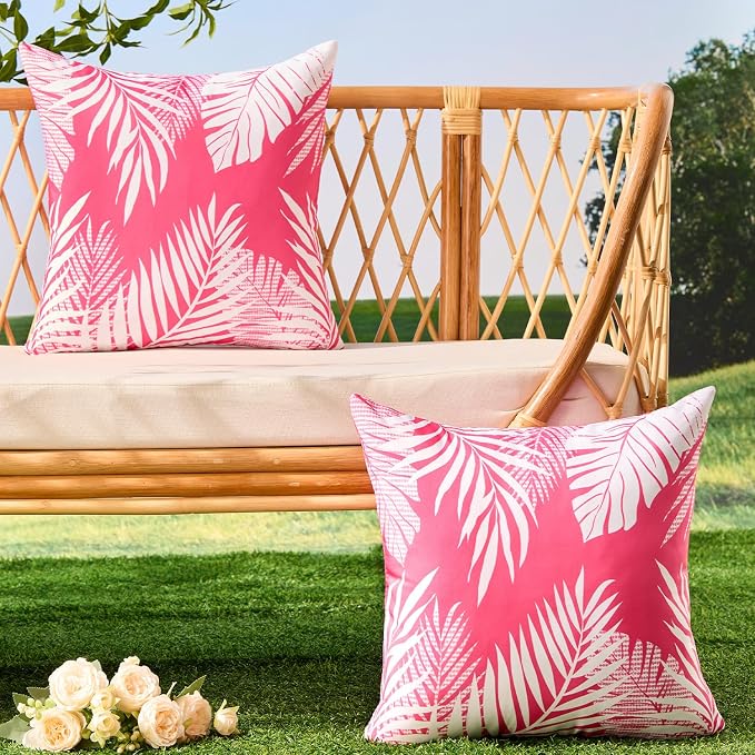 Allorry Outdoor Pillow Covers 18x18 Set of 2 Tropics Palm Leaves Rose Red Floral Pattern Decoration Throw Pillow Covers for Outdoor Waterproof Furniture Garden Patio Sofa Bedroom Home Decor JB008-D18
