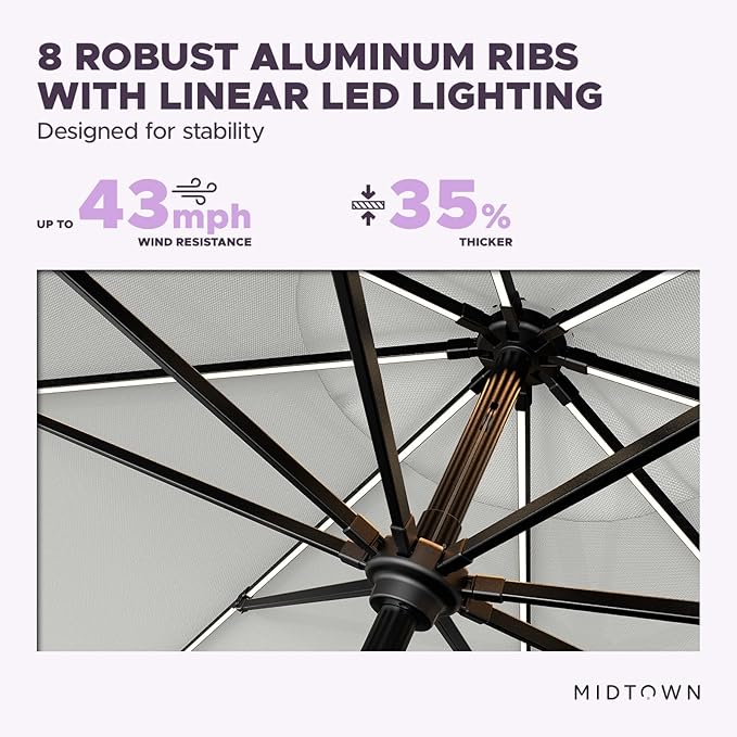 Midtown Umbrellas The LED Swilt 10 Feet Patio Umbrella With Terylast Off Cream (Off White) Polyester Fabric - Auto-Tilt Aluminum Frame With LED Lights For Backyard, Deck, Garden, Pool - Black Pole