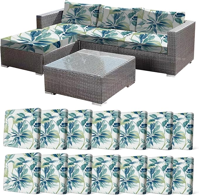 CALBODE 14 Pcs Stretch Outdoor Seat Cushion Covers, Botanical Chair Seat Cover for Patio Furniture Cushions Washable Reusable Indoor and Outdoor Couch Cover Replacement (Blue Leaves, Cover Only)