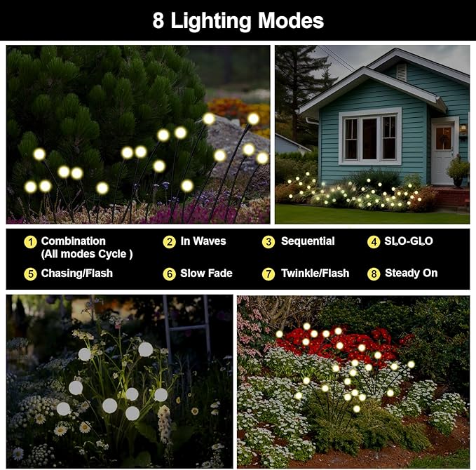 Firefly Lights Solar Outdoor, 8 Modes 800mAh Swaying Solar Firefly Garden Lights Stakes Outdoor Waterproof for Outside Yard Patio Plant Christmas Holiday Garden Decor Warm White(2 Pack)