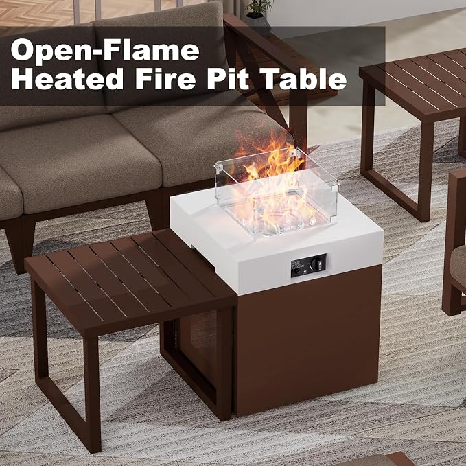 Outdoor Aluminum Patio Furniture Set, 5-Seats Patio Conversation Sofa Set with 37,000 BTU Fire Pit Table w/Glass Wind Guard, All Weather for Pool, Balcony, Garden-Brown