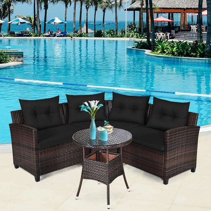 COSTWAY 4-Piece Patio Furniture Set, Wicker Rattan Sofa with Cushions and Coffee Table, Outdoor Sectional Conversation Sofa Set for Poolside Backyard Lawn Backyard (Black)