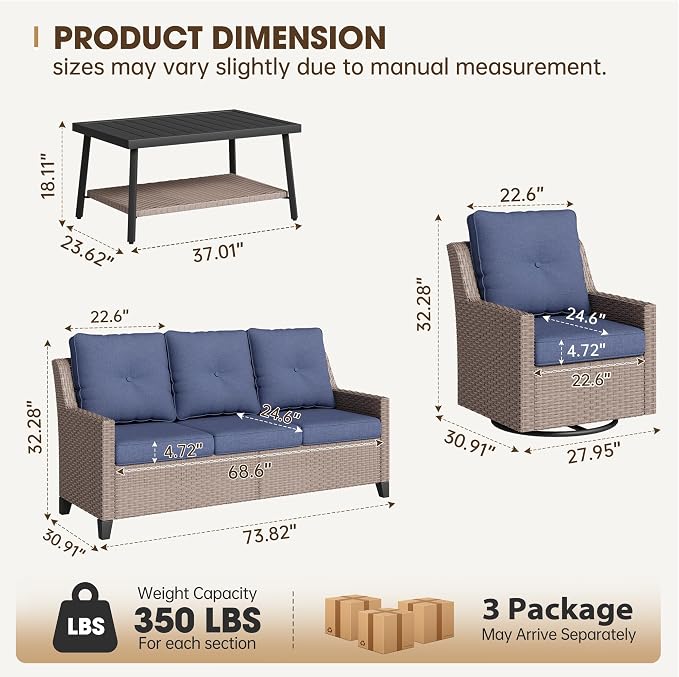 NestNook 4 Piece Patio Furniture Set, Outdoor Rattan Swivel Glider Chairs Set of 2 with 3-Seater Sofa and Coffee Table Wicker Patio Conversation Set for Backyard Balcony & Poolside（Blue）