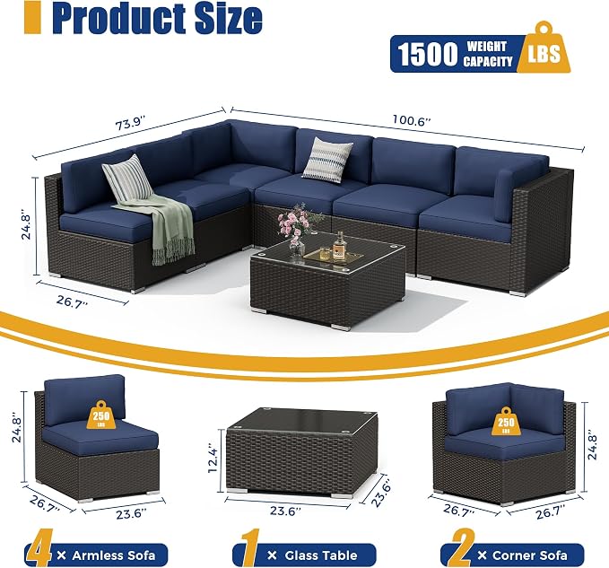 7 Pieces Outdoor Patio Furniture Set, Black Brown Wicker Patio Sectional Sofa Set, Outdoor Couch with Cushion and Tempered Glass Table, Dark Blue