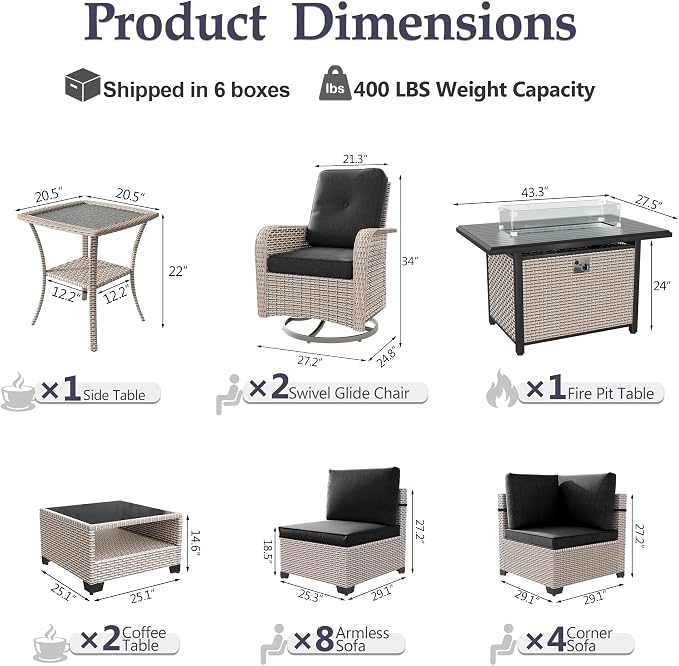 Patio Furniture Set, 18-Piece Outdoor Sectional Sofa with Swivel Rocker Chairs & Fire Pit Table, Wicker Patio Conversation Set with Coffee Table, Black Cushions