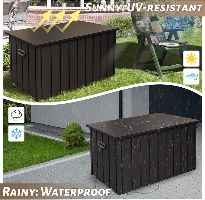 200Gallon Metal Deck Box, Outdoor Storage Box Waterproof, Large Patio Furniture Storage Cabinet, Lockable Storage Chest for Porch, Pillows, Cushions, Pool, Tools, Backyard -Brown
