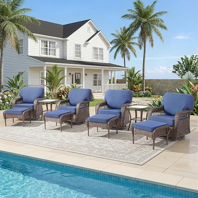 Belord Patio Wicker Swivel Rocker Patio Chairs with Ottoman, Outdoor Rattan Chairs for Deck Porch Poolside, 10 Piece Patio Conversation Furniture Set,Blue