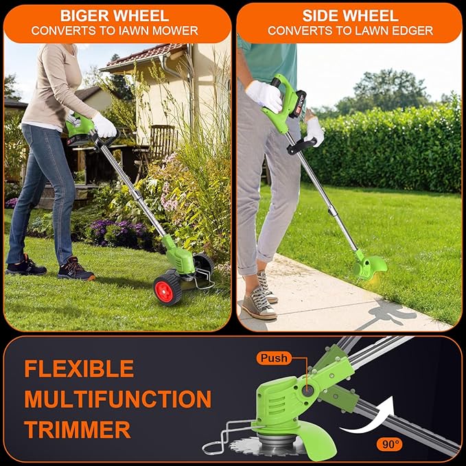 Electric Weed Wacker Cordless with Wheels, 2pcs Batteries&4 Types Blades,Lightweight, Low Noise Weed Trimmer 21V stringless Weed Wacker, Grass Trimmer/Brush Cutter/Edger, for Thick Weeds&Yard Garden