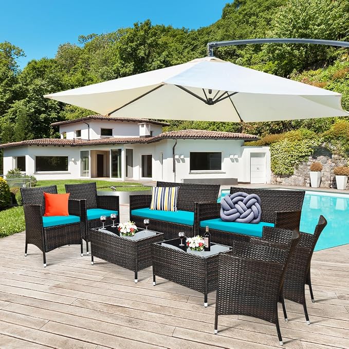 8 Pieces Patio Sofa Set, Wicker Conversation Set with Ergonomic Curved Backrest, Water-Resistant Cushion & Tempered Glass Table for Balcony, Porch (Turquoise)