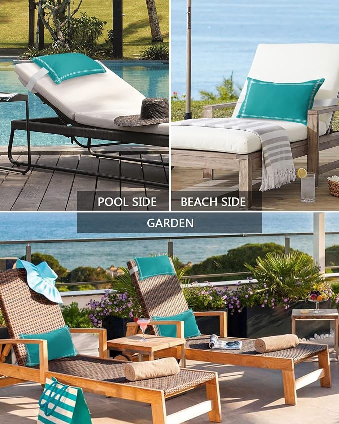 Outdoor Pillows Covers with Inserts Solid Color Turquoise Waterproof Recliner Pillow with Adjustable Strap Throw Pillows for Patio Furniture Pool Lounge Chair, 11x16 inch, 1PCS