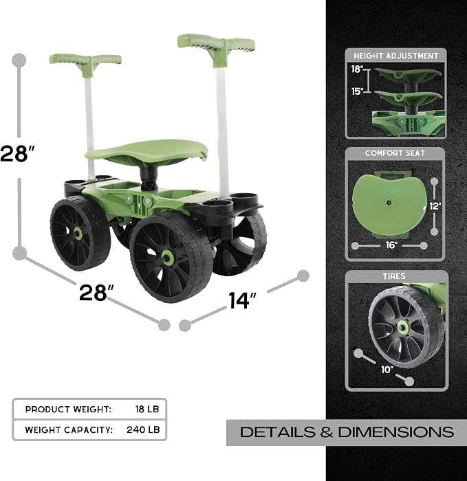 TheXceptional Wheelie Easy-Up EX530 Rolling Garden Stool & Cart with Wheels | Ergonomic rolling garden seat & scooter with Easy-Up handles for seniors. Made in USA by Vertex. 360° swivel, 10" wheels.