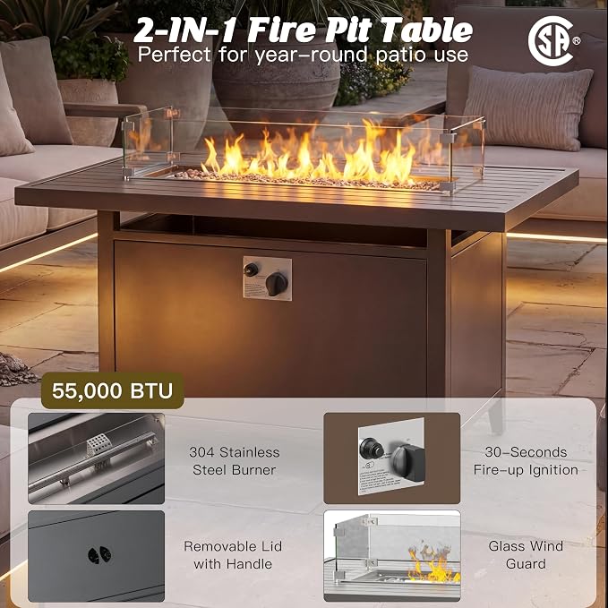 Aluminum Outdoor Patio Furniture Set with 43" Fire Pit Table, 10-Piece Outdoor Sectional with 5.2" Thick Cushions, Patio Conversation Sets for Backyard,(Brown,8 Seats)
