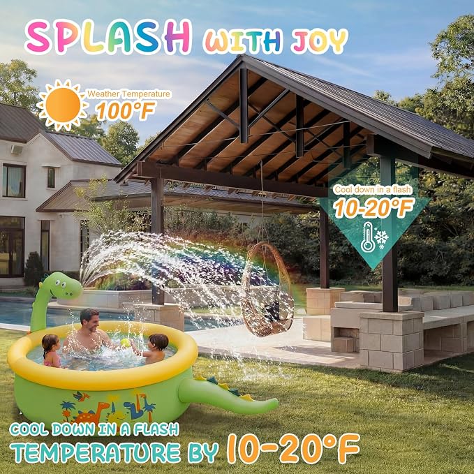 Dinosaur Inflatable Kiddie Pool Splash Pads for Toddlers Kids Splash Pads with Sprinkler Outdoor Blow up Mat Baby Dinosaur Play Swimming Pool for Backyard Garden, 69 x 24 in