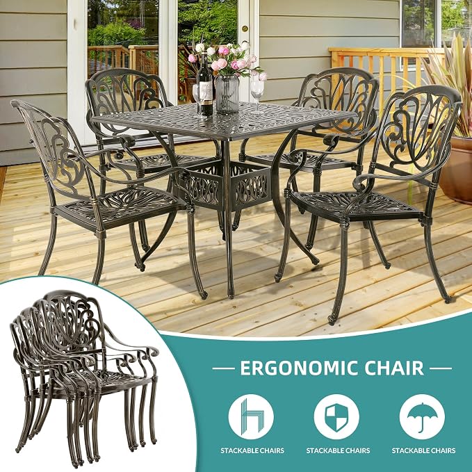 MEETWARM 5-Piece Outdoor Patio Dining Set, All-Weather Cast Aluminum Patio Conversation Set for Backyard Garden Deck with 4 Chairs and 35.4" Square Table, 2.2" Umbrella Hole