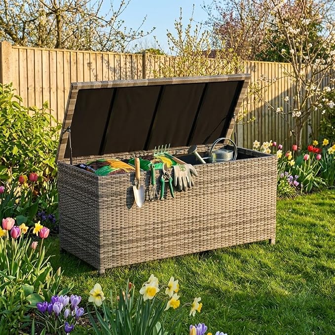 Litake Large 125 Gallon Outdoor Deck Storage Box with Wheels & Handles – Heavy Duty Waterproof PE Rattan Chest – Weatherproof Patio, Garden, Poolside Organizer – Grey