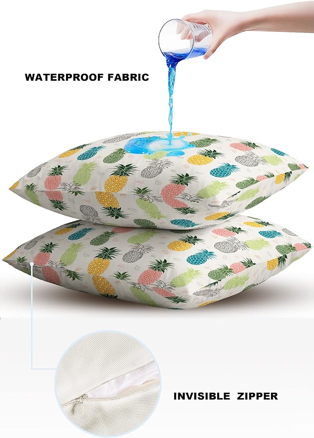 Outdoor Waterproof Pillow Covers for Patio Summer Pineapple Decorative Throw Pillow Cover Watercolor Pineapple Fruit Pillowcases Set of 2 Cushion Case for Sofa Couch Chair Home Decor 24 x 24 Inches