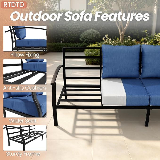 Metal Patio Furniture Set, 4 Piece Outdoor Sectional Conversation Sofa Set, 3-Seat Sofa w/2 Single Sofas and Coffee Table, Garden, Porch, Balcony, Deck, Navy Blue