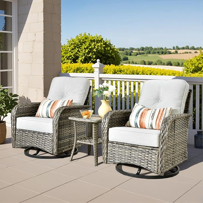 3 Pieces Patio Furniture Set, Outdoor Swivel Rocker Patio Chairs with Coffee Table, All Weather Thickened Cushion Patio Conversation Set for Porch Balcony Deck Poolside Garden Sunroom, Grey
